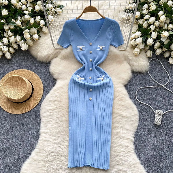 Fashion Sexy Wrap Hips Knitted Dress - Women V-Neck Short Sleeve Bodycon Pleated Sweater Office Lady Vestidos