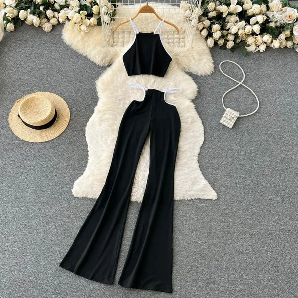 Y2K 2 Piece Set – Sexy Black Tank Camis Top & High Waist Flared Pants | Women's Summer Casual Outfit