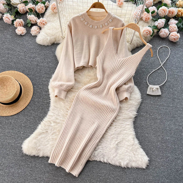 Women Knitted Long Sleeve Sweater+Knitted Fashion Dress Set