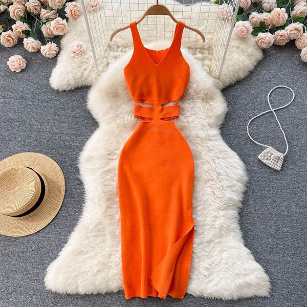 Women's Sexy Cut-Out Waist Knitted Bodycon Dress – Slim Fit, V-Neck & Stylish Split for Summer