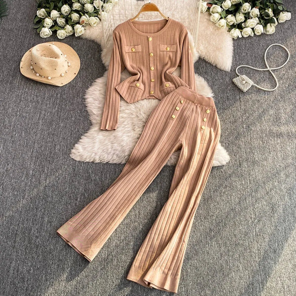 Neploe Elegant French Vintage Slim Cardigan & High Waist Straight Pants Set – Women's Two-Piece Suit