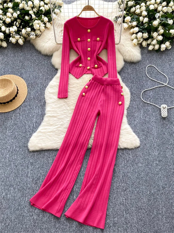 Fashion Women Set – Chic Buttoned Pullover & Elastic High-Waisted Wide-Leg Pants