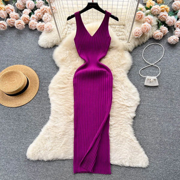 Fashion Sexy Wrap Hips Split Knitted Autumn Dress - Women's Slim Elastic Bodycon Long Streetwear Vestido