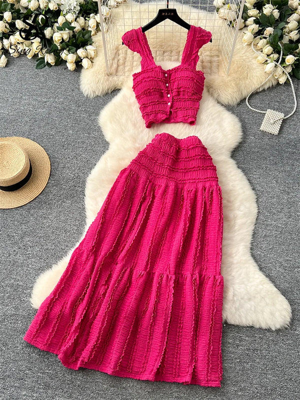 Casual Beach Style 2-Piece Set – Single Breasted Mini Camisole & Elastic Waist A-Line Fold Slim Skirt for Women