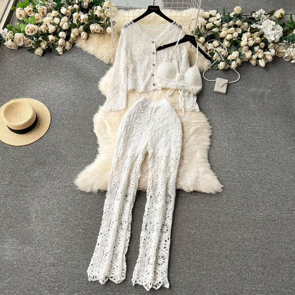 Vacation Three-Piece Set: Women’s Lace Long Sleeve Top, Strap Backless Camisole & Elastic Waist Long Pants – Summer Suit