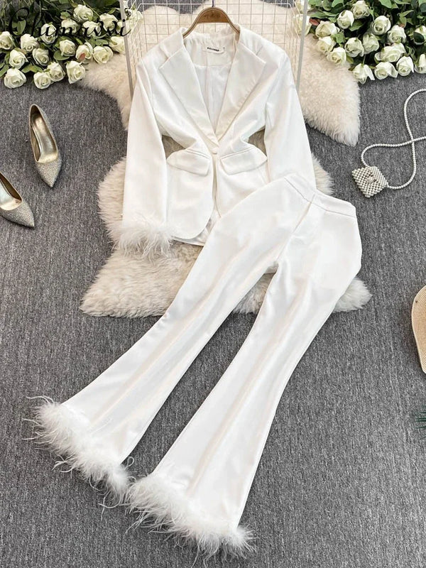 French Elegant Feather Trim Blazer & High Waist Flare Pants Two-Piece Set for Women
