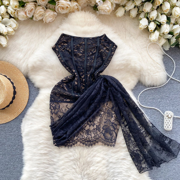 Fashion Strapless Party Dress American Cross up Bandage Bodycon Design Women Slim Sleeveless Sheer Lace Sexy Dress