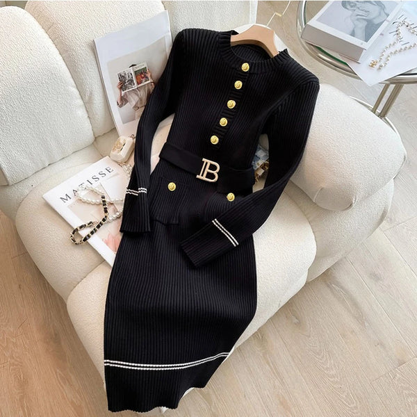 Autumn Winter Women Knitted Dress - O-Neck Bodycon Sweater Dress with Buttons and Belt