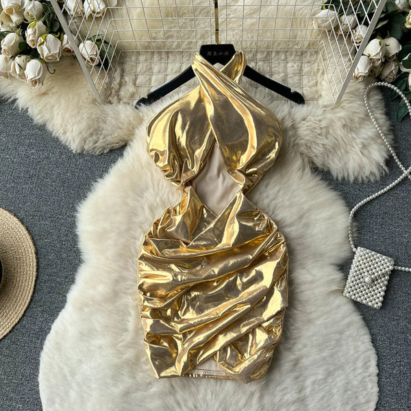 French Style Shiny Hollow Out Mini Dress – Halter, Ruched, Backless & Sexy Summer Beachwear