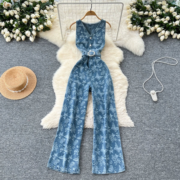 Vintage Sleeveless Denim Jumpsuit for Women – Beaded Butterfly Print with Sash, Single-Breasted Streetwear Romper