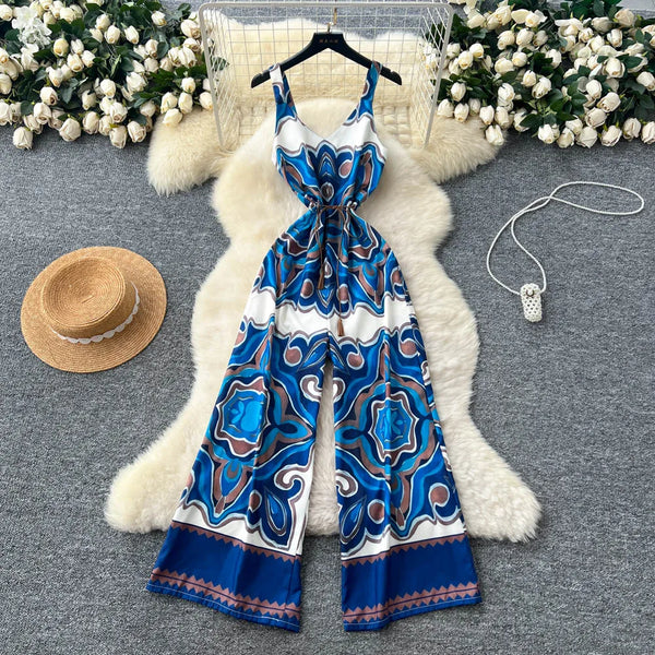 Senior Vintage Long Jumpsuit for Women – Strapless, Sleeveless, Lace-Up, Skinny Backless, Chic Retro Beach Print Rompers for Summer