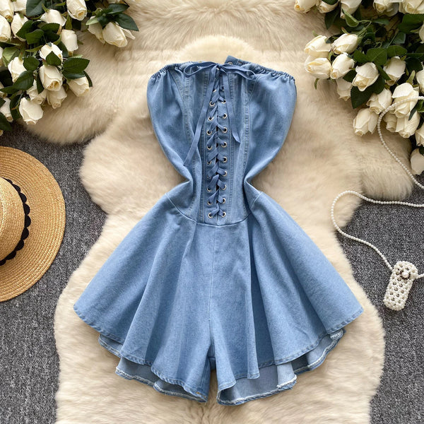 Fashion Strapless Lace-Up Denim Rompers with Zipper Design – Sexy Backless Streetwear & Beach Short Jumpsuits