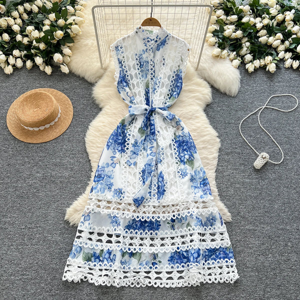 Beach Style Summer Dress 2025 Women Sleeveless Lace-Up Slim Fit Fashion Lace Splice Print Holiday Long Dress