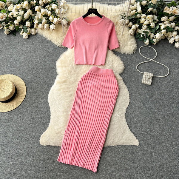 Casual Two-Piece Set – O-Neck Top & Elastic Waist Long Skirt, Summer Korean Fashion Office Suit