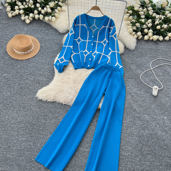 Basics Print Knit Two-Piece Set – Single Breasted Cardigan & Wide-Leg Pants, Autumn/Winter Streetwear**