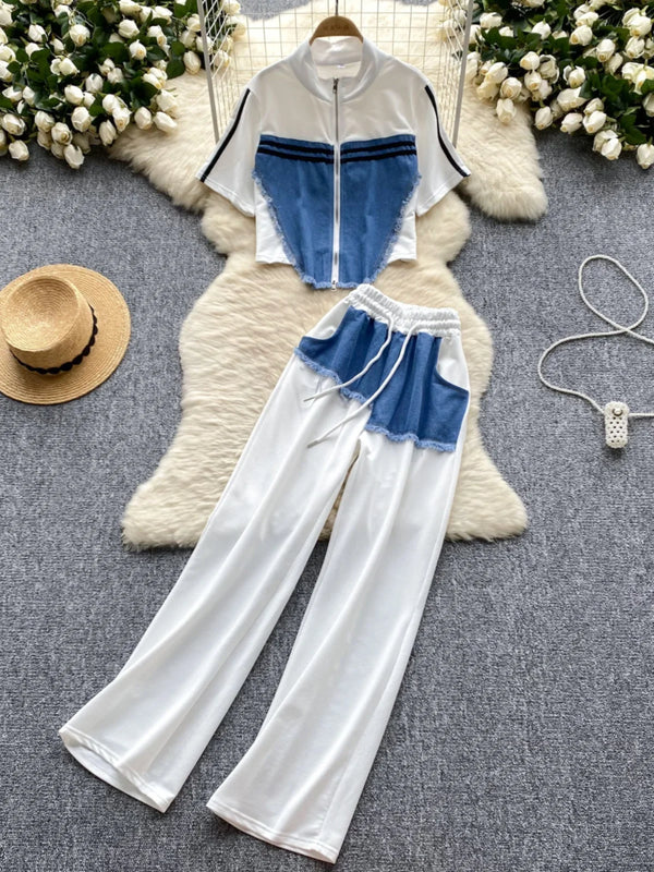 Women's Colorblock Denim Two-Piece Set – Stand Collar Zip Shirt & High Waist Wide Leg Pants Summer Outfit
