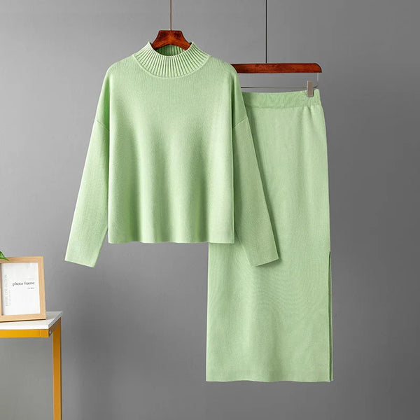 Autumn Knitted Two-Piece Set for Women – Loose Sweater & Split Skirt