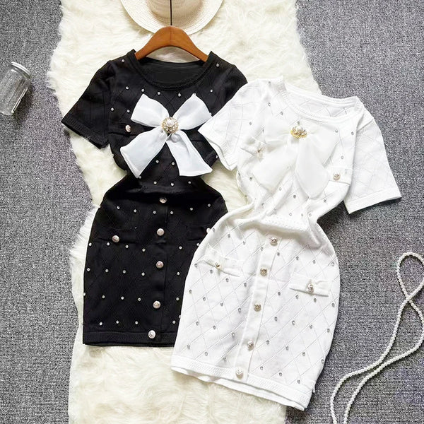 Elegant Summer Beaded Knit Bodycon Dress for Women – Sleeveless O-Neck Sweater Style, Office Lady Fashion