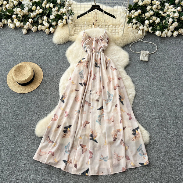 Elegant Butterfly Print Backless A-Line Maxi Dress