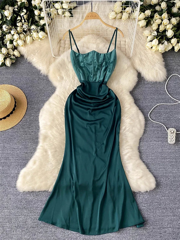 Evening Party Senior Slim Dress Women Spaghetti Strap Backless Zipper Sleeveless