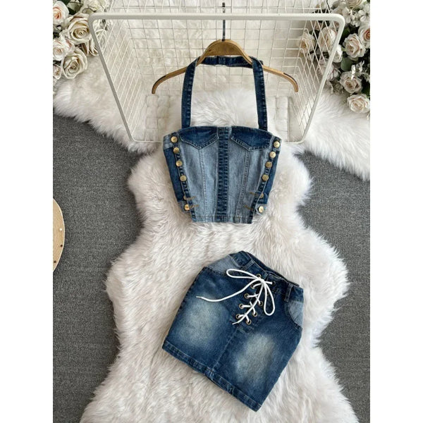 Women's Lace-Up Denim Bodycon Mini Skirt with Halter Strapless Top