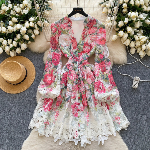 Floral Embroidered Mini Dress – V-Neck A-Line with Lantern Sleeves