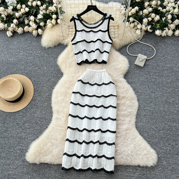 Wave Design Beach 2pc Set Women Hook Flower Hollow Tank Top + Elastic Waist Slim Skirt Summer Knitted Vacation Suits