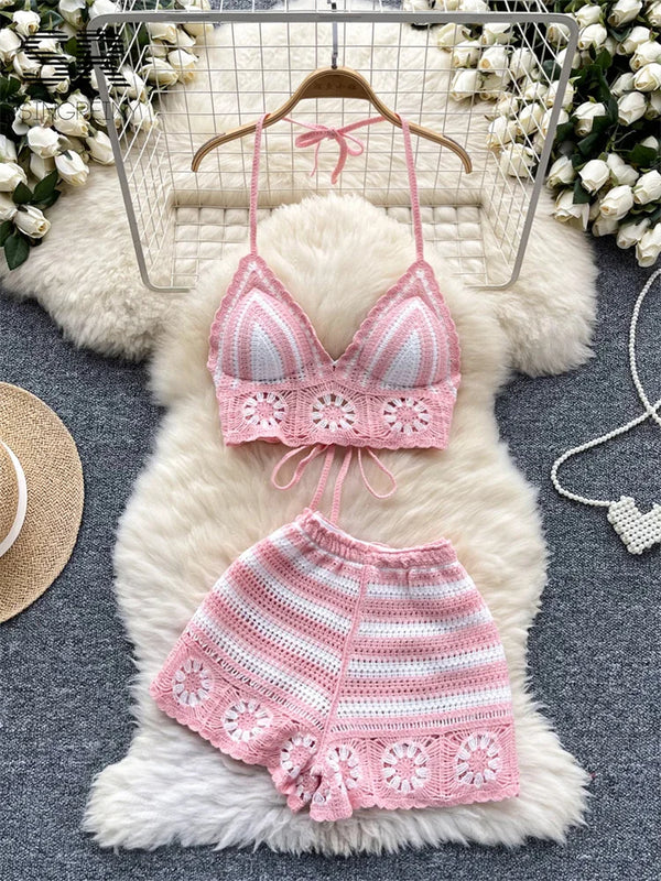 Women's Knitted Two-Piece Beach Set – Halter Lace-Up Camisole & Elastic Waist Shorts with Hollow Hook Flower Detail**