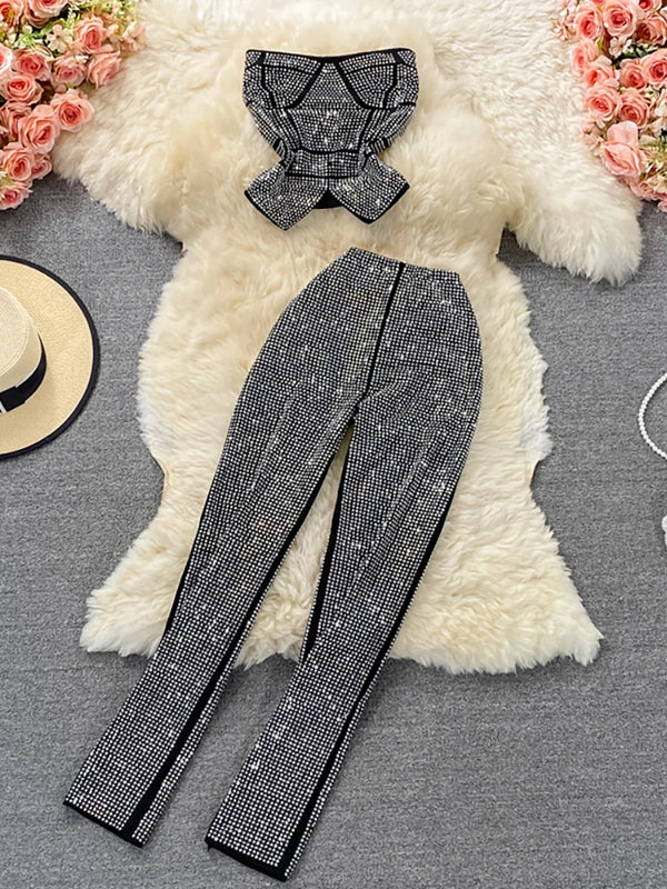 Elegant Off-Shoulder Diamond Two-Piece Set for Women – Camisole Top & High Waist Pants | Autumn Party Outfit