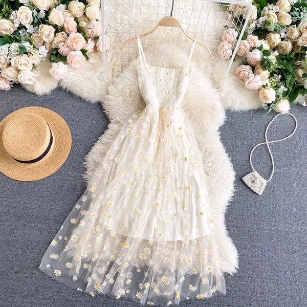 Women Fashion Floral Print Spaghetti Straps Mesh Party Dress