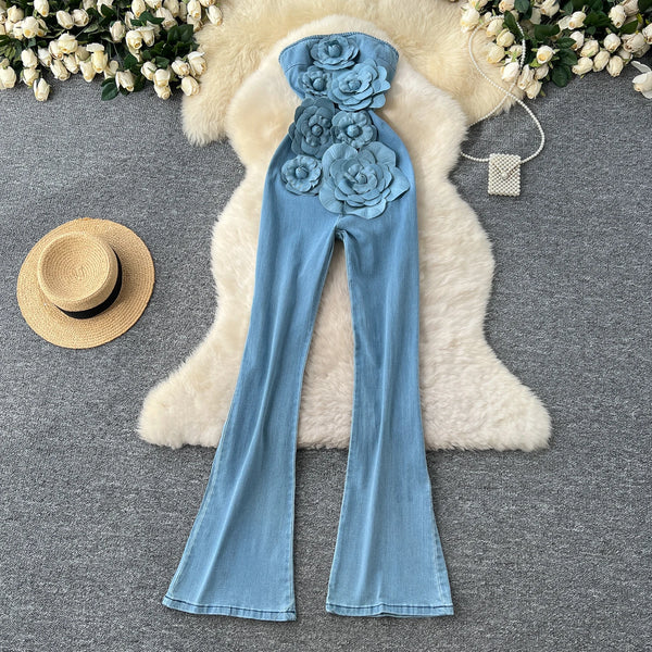 Women's Fashion Denim Jumpsuit – Zipper Front, 3D Floral Design, Korean-Inspired Streetwear Romper