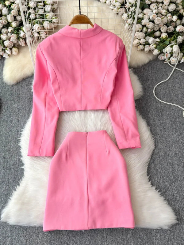 Chic Beaded Diamond Bow Women's 2025 Set: Collared Long Sleeve Jacket + High Waist Bodycon Skirt – New Temperament Fashion Suit