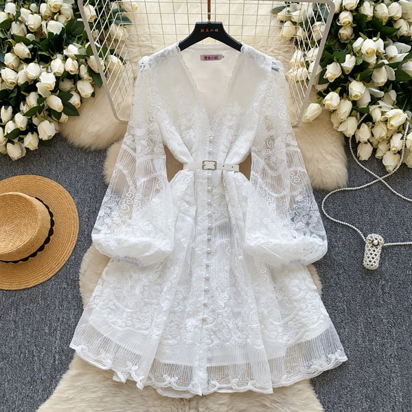 Women Dress V Neck Lantern Sleeve Embroidery With Belt Slim