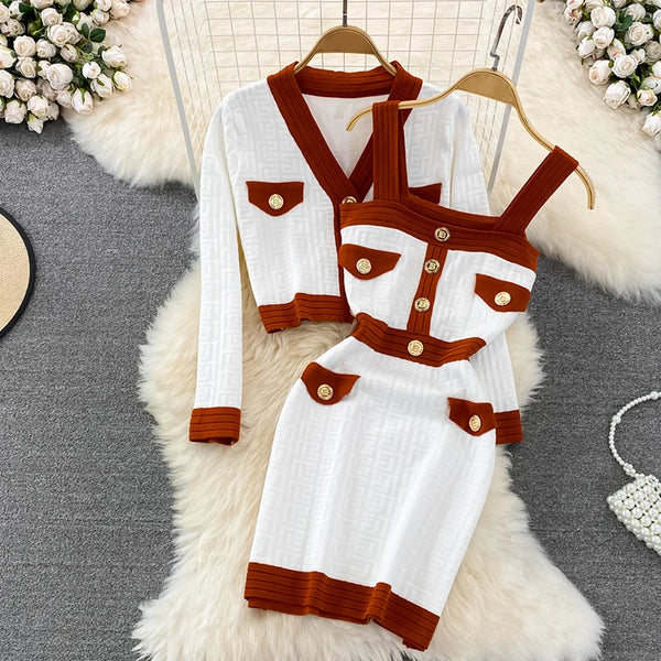 Women 2 Piece Set Metal Button Knit Long Sleeved Coat and Camisole Bodycon Dress