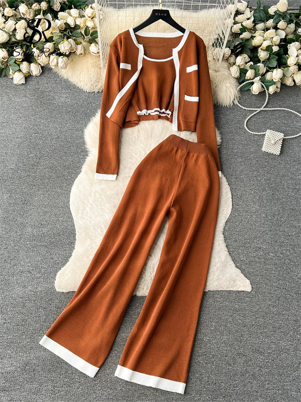 Knitted Three-Piece Set – Slim Tank Top, Long-Sleeve Short Cardigan, and Elastic Wide-Leg Pants Fashion Sweater Set