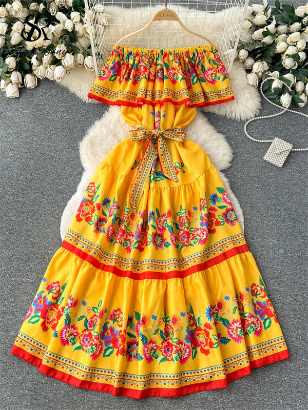 French Court Floral Print Off-Shoulder Dress for Women