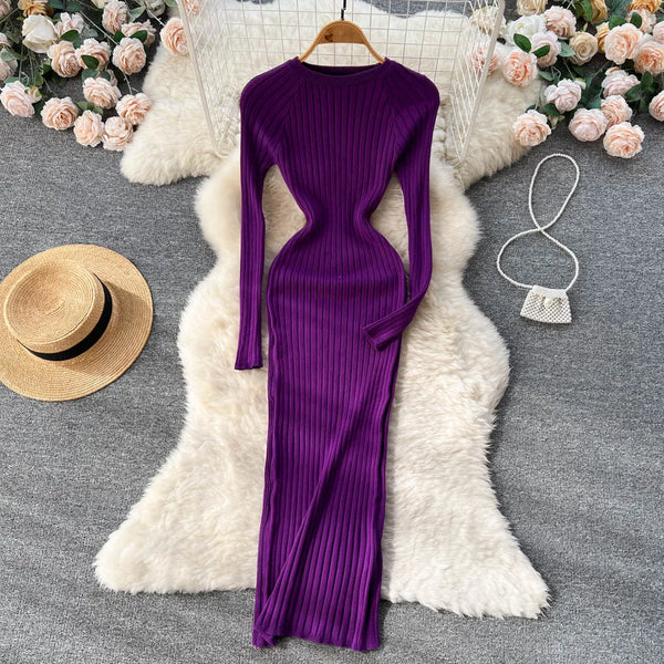 Winter Knit Maxi Dress – Slim Fit, Long Sleeve, O-Neck Harajuku Sweater Dress